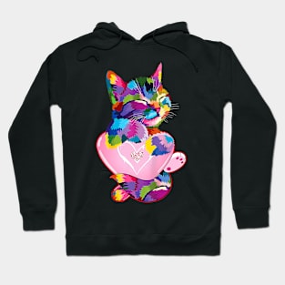 Rainbow Valentine Cute Cat Hugging Heart Kitty Love Cat Hoodie